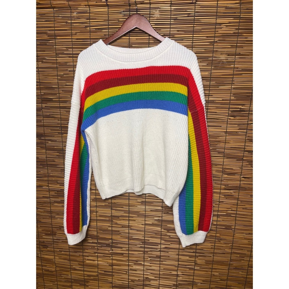 Sans Souci Womens Rainbow Stripe Knit Sweater‎ White Crew Neck Pullover Large